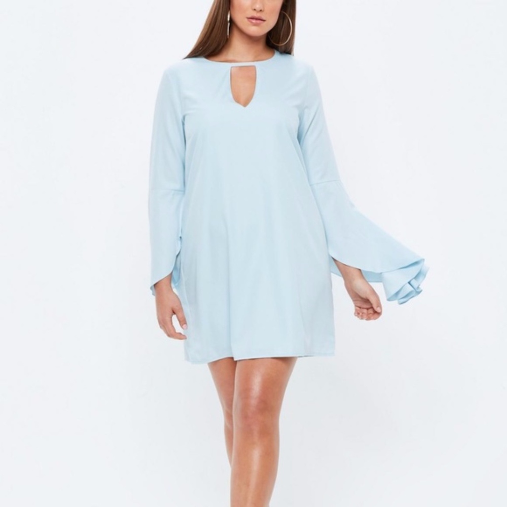 Plus Size Baby Blue Frill Sleeve Bar Detail Dress